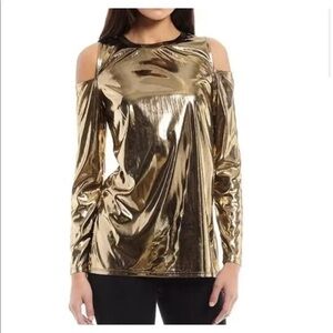 Womens Michael Kors Sz S Top Liquid Gold Flowy Long Sleeve Cold Shoulder NEW